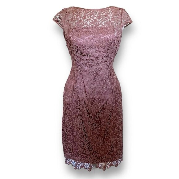Adrianna Papell Womens Sheath Dress Sz 8 Mauve Crochet Lace Cocktail Cap Sleeve - Picture 1 of 9